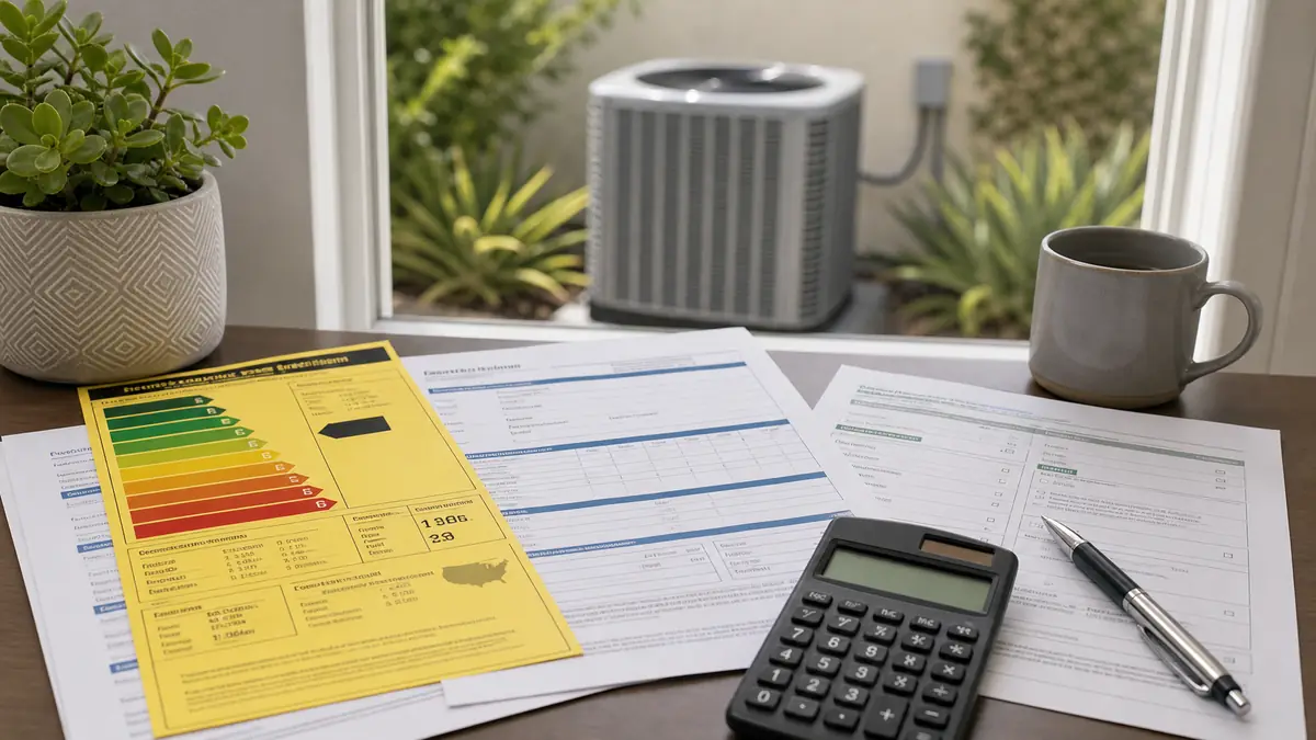 SEER2 ratings chart and rebate paperwork for a Woodland Hills Trane heat-pump install