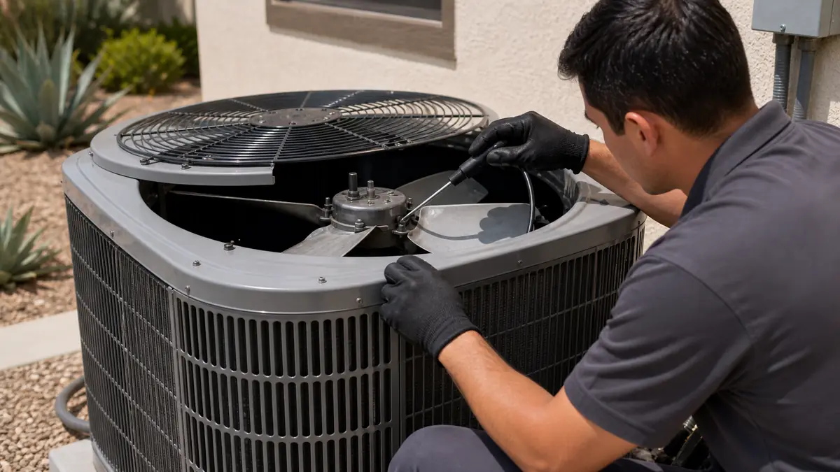 Technician diagnosing a noisy Trane condenser fan motor at a Woodland Hills home