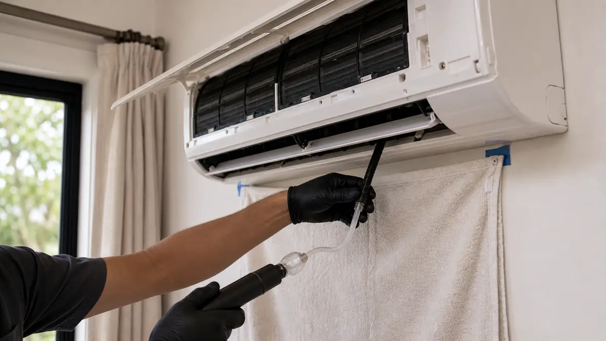 Clearing a clogged condensate drain on a Trane air handler in a Woodland Hills attic