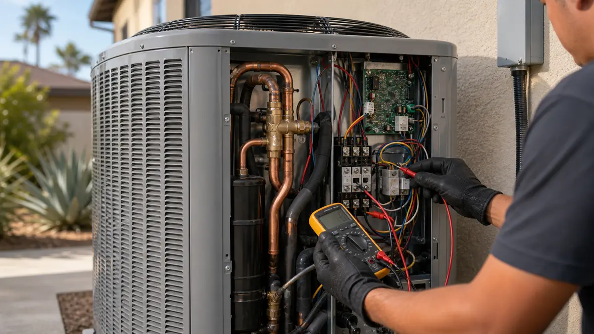 Technician checking reversing-valve operation on a Trane heat-pump condenser in Woodland Hills
